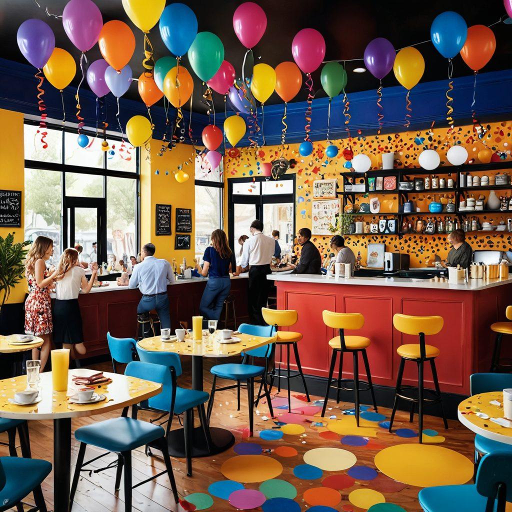 A vibrant collage depicting a jazz-infused, colorful café scene with laughter and joy, featuring adults enjoying lighthearted activities like playing games, watching entertaining clips on screens, and sharing drinks. Central elements include playful art style characters, bright decor, and an inviting atmosphere to convey a sense of fun and enjoyment. Celebratory elements like confetti and balloons can add a festive touch. vibrant colors. digital illustration. whimsical style.
