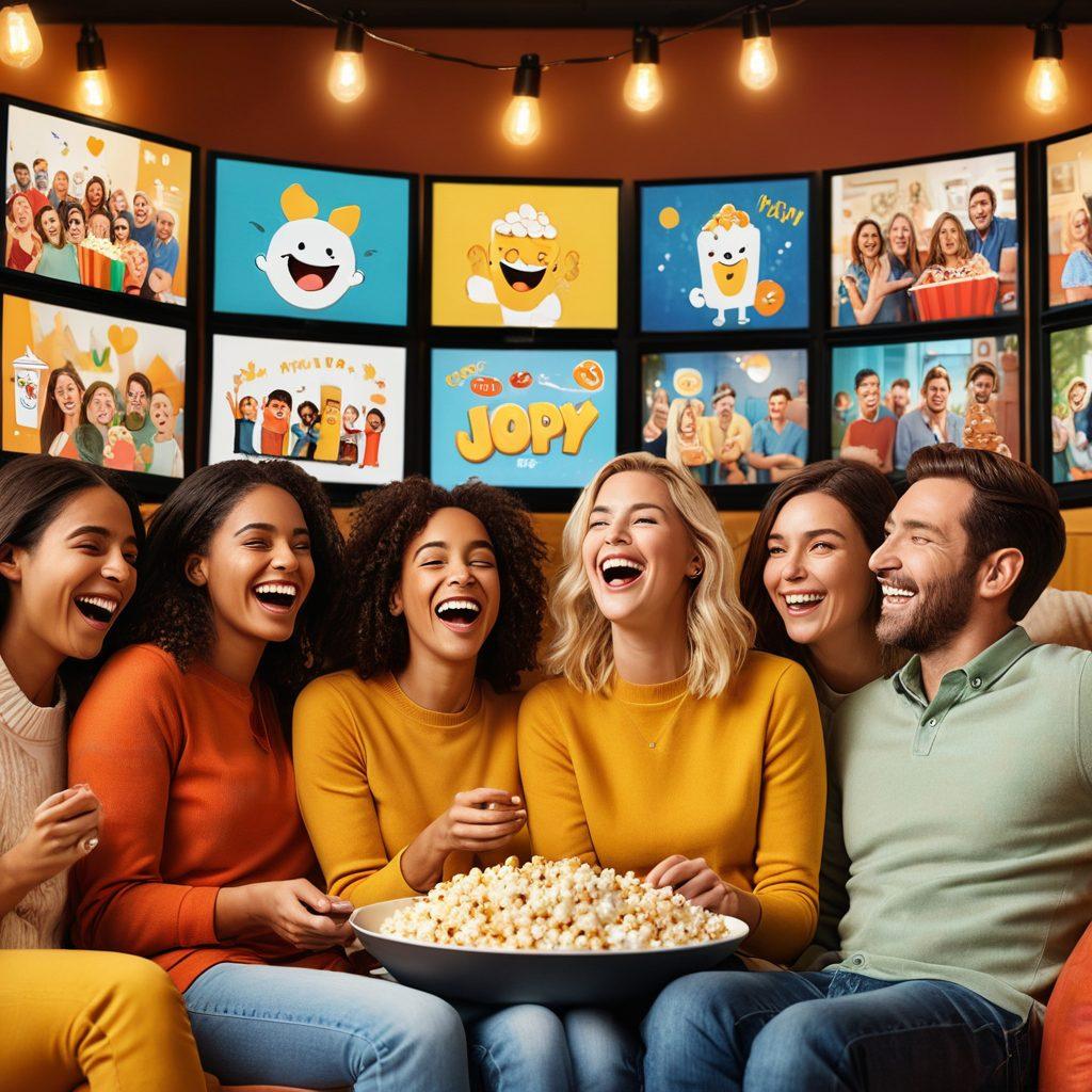 A vibrant collage of diverse people laughing while watching humorous clips on screens, surrounded by playful icons like popcorn, clapperboards, and smiley faces. Include elements of joy and connection, with a cozy setting that invites viewers to join in the fun. Bright and colorful with a lighthearted atmosphere. cartoon style. vibrant colors.