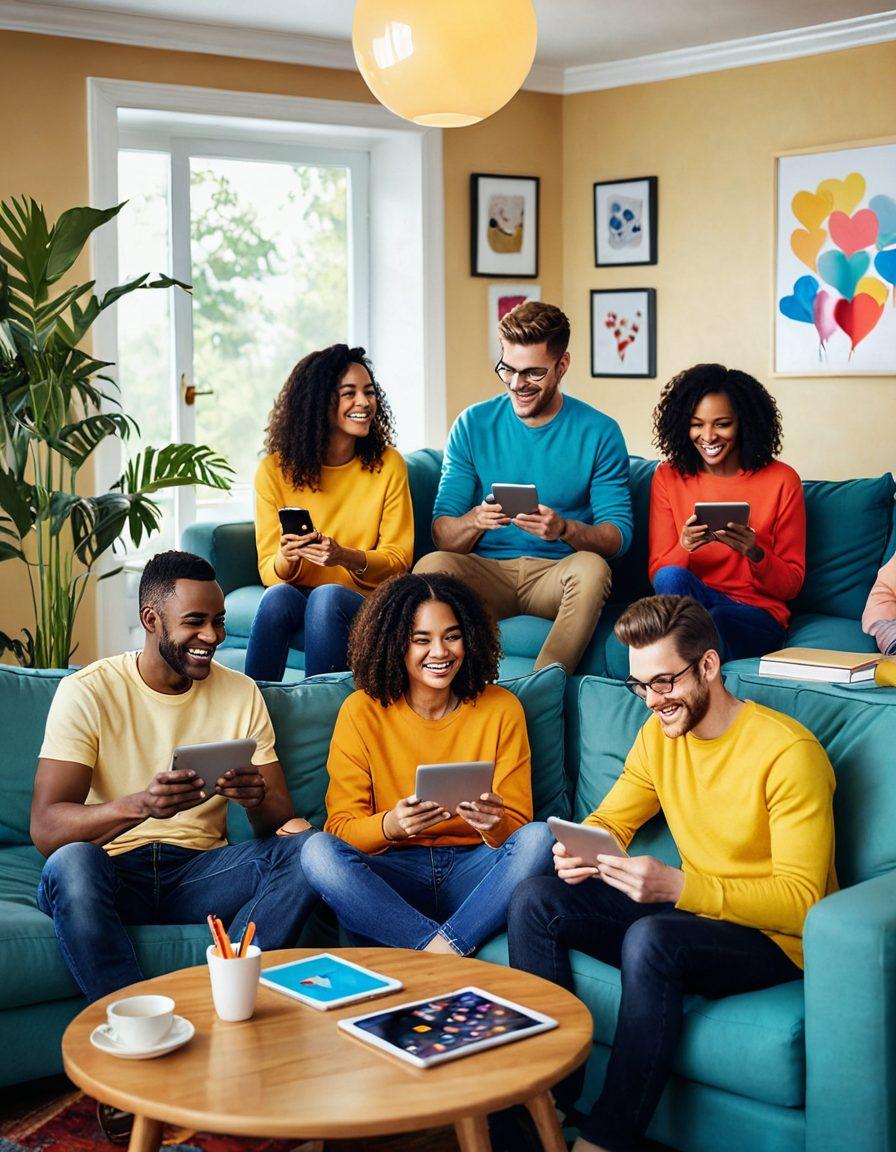 A vibrant and engaging scene featuring a diverse group of adults joyfully streaming content on various devices, surrounded by playful illustrations of smiley faces, hearts, and colorful icons. Include a cozy living room setting with warm lighting, showcasing an inviting atmosphere for laughter and fun. Emphasize expressions of happiness and delight on their faces as they discover content that brings them joy. colorful, playful, super-realistic, vibrant colors.